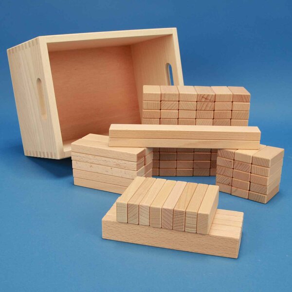 Set van 100 houten blokken in beukenkist met lasermarkering